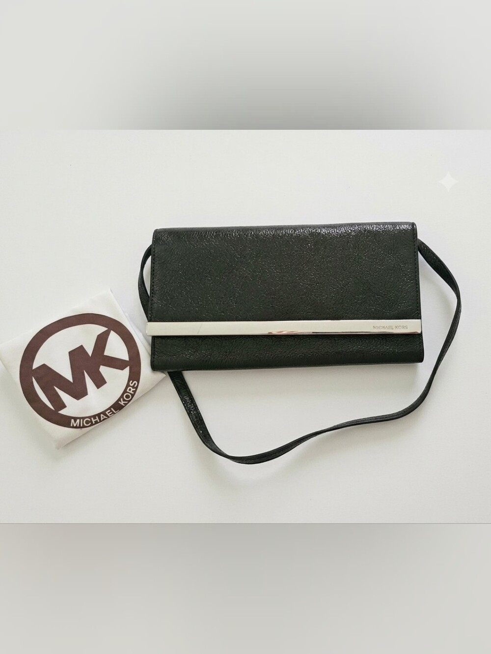 Michael Kors Black Leather Fold-Over Clutch with Silver Bar